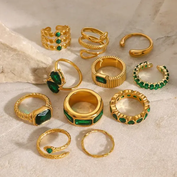 304 Stainless Steel Geometric PVD Coated Zircon Real Gold Plated Vintage Style French Style Waterproof Non Tarnish Plating Rings