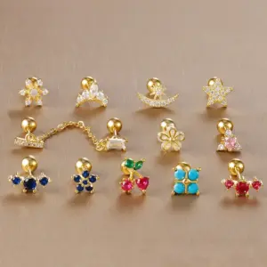 Trendy Stainless Steel Fine Rod Ear Studs Single Piece Pierced Earrings Floral Crown Design Diamond Embedded Drop Shape