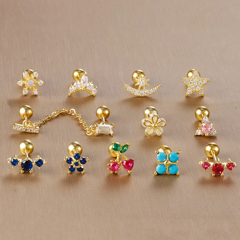 Wholesale Trendy Stainless Steel Fine Rod Ear Studs Single Piece Pierced Earrings Floral Crown Design Diamond Embedded op Shape