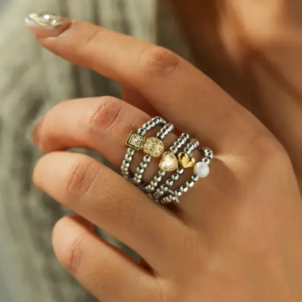 Wholesale 18K Gold Plated 304 Stainless Steel Vacuum Electroplating (In Furnace) Zircon Round Square Heart Mixed Color (Jewelry Metal Contrast) Electroplated Ring For Women Valentine's Day