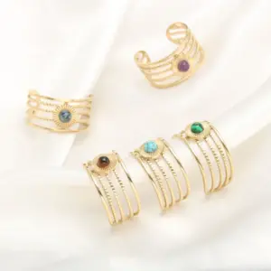 304 Stainless Steel 18K Gold Plated Baroque Style Modern Style Plating Hollow Out Inlay Round Natural Stone Open Ring