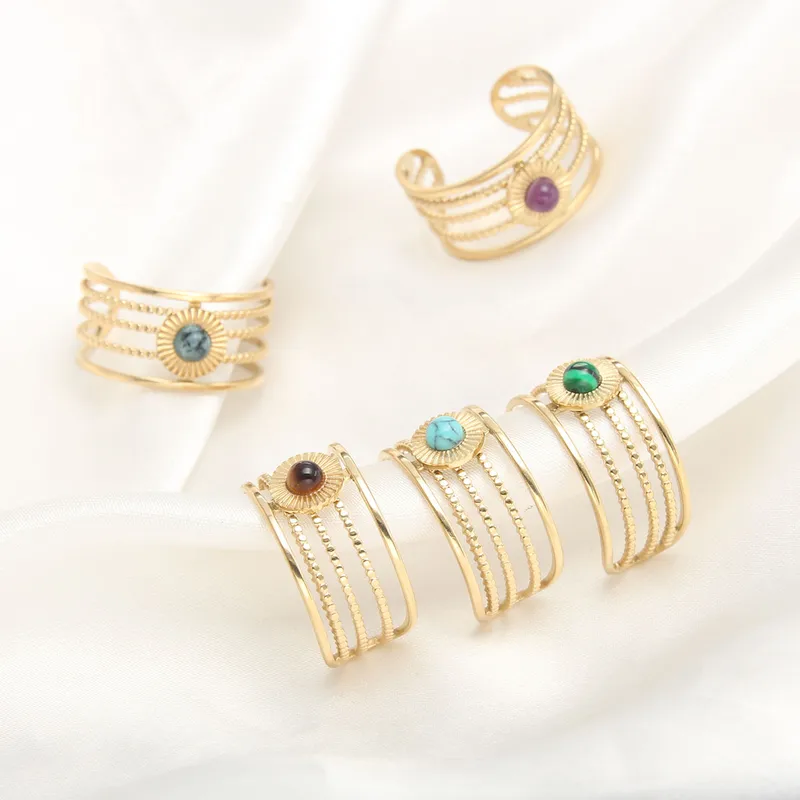 Wholesale 304 Stainless Steel 18K Gold Plated Baroque Style Modern Style Plating Hollow Out Inlay Round Natural Stone Open Ring