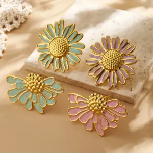 Wholesale Hot-Selling INS Style Real Gold Plated 304 Stainless Steel Furnace Electroplated Oil-Drip Daisy Open Ring Cute Vacation Style