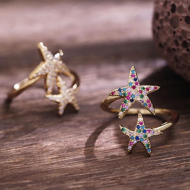 Wholesale Elegant Streetwear Pentagram Copper Inlay Zircon Open Rings