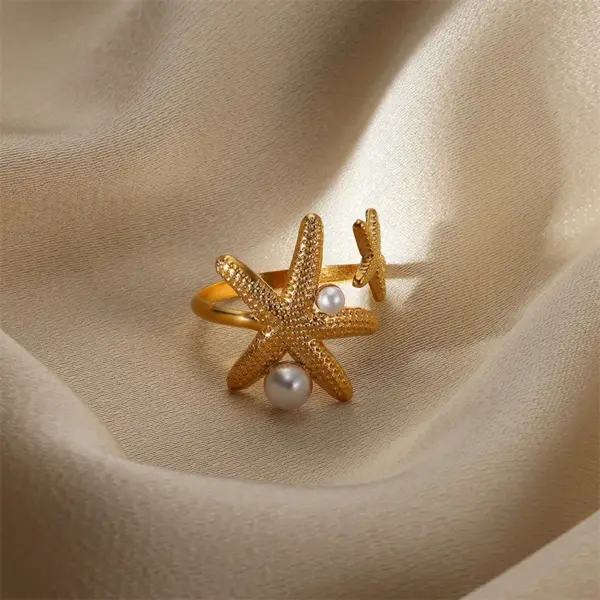 PVD Coated Real Gold Plated Starfish Conch Heart Shape 304 Stainless Steel French Style Marine Style Beach Waterproof Non Tarnish Open Rings