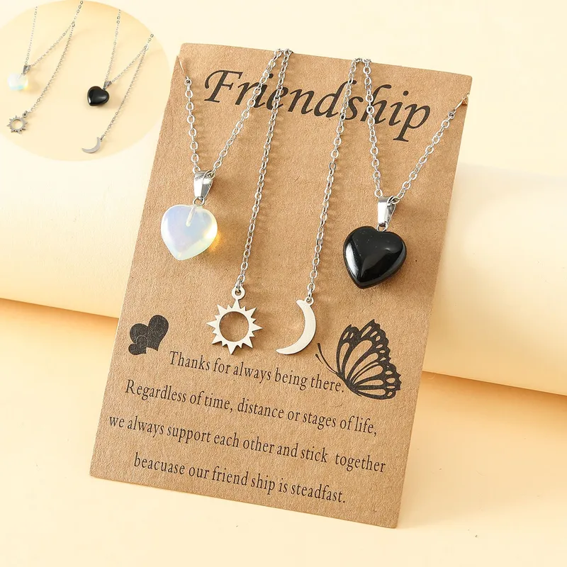 Wholesale Fashion Stainless Steel Sun And Moon Friendship Card Heart-shaped Natural Stone Clavicle Chain