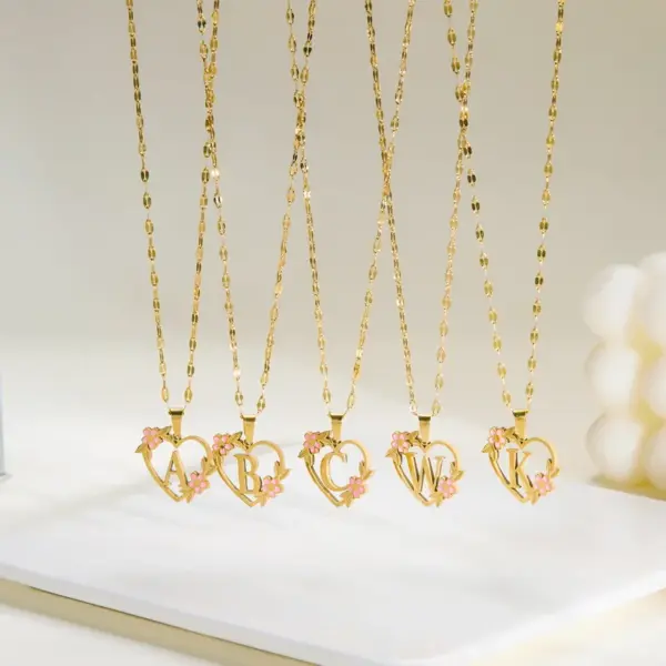 201 Stainless Steel Letter Heart Shape Flower Rack Plated KC Golden Plated Fairy Style Elegant Sweet Asymmetrical Enamel Lip Chain Gold Pendant Necklace