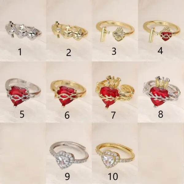 Wholesale Rack Plated 18K Gold White Cross Heart Shape Crown Artificial Gemstones Copper Glam Romantic Shiny Open Rings