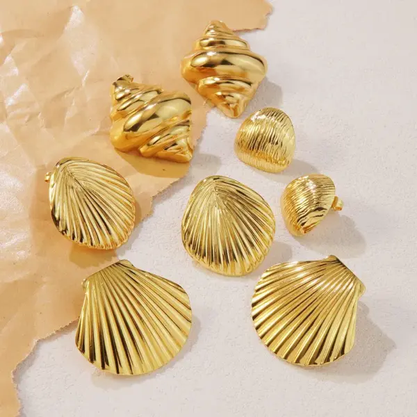 304 Stainless Steel Plastic Starfish Conch Shell Electroplating Imitation Gold Marine Style Irregular Multicolor-Golden Yellow Ear Studs