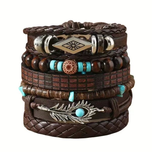 Wholesale Cross-border New European and American Wood Beads Beaded Multi-layer Vintage Flower Peacock Feather Heart-shaped Hand-woven 24-piece Bracelet