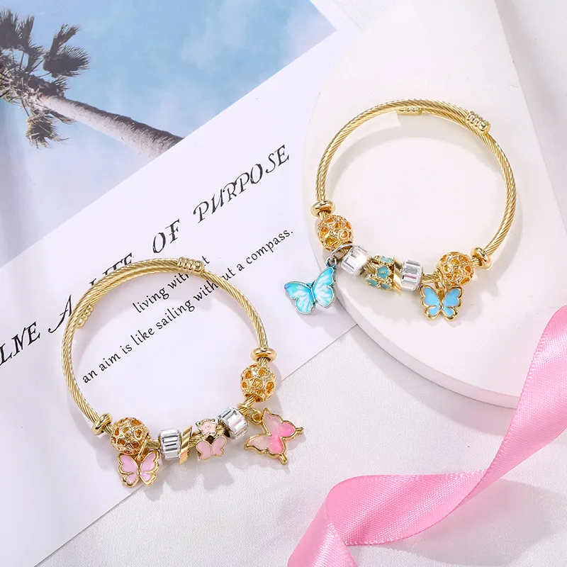 Wholesale Fashion Butterfly Titanium Steel Bangle Paint Rhinestone Stainless Steel Bracelets