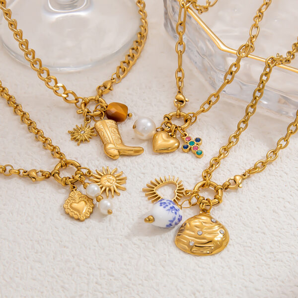 Wholesale Cross-Border Stainless Steel Necklace Ins Style Handmade DIY Niche 18K Gold Necklace Pearl Heart Pendant Jewelry for Women