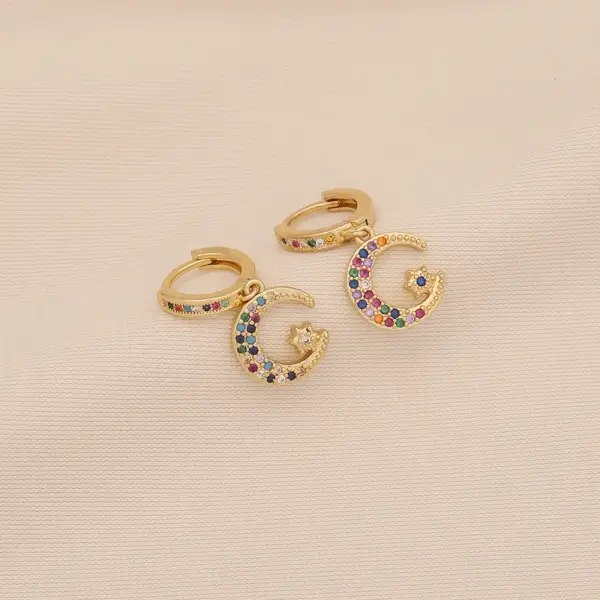 Wholesale Ion Plating (IP) Real Gold Plated Rainbow Moon Cherry 304 Stainless Steel Retro Classic Style Waterproof Non Tarnish Charm Sleeper Hoop Earrings Drop