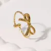 Wholesale Fashionable Small Exquisite Cute Sweet Design Open Stainless Steel Ring Bowknot Flower Shape Gold-plated Non-fading Ring Suitable For Daily Casual Dating