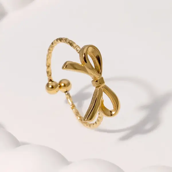 Wholesale Fashionable Small Exquisite Cute Sweet Design Open Stainless Steel Ring Bowknot Flower Shape Gold-plated Non-fading Ring Suitable For Daily Casual Dating