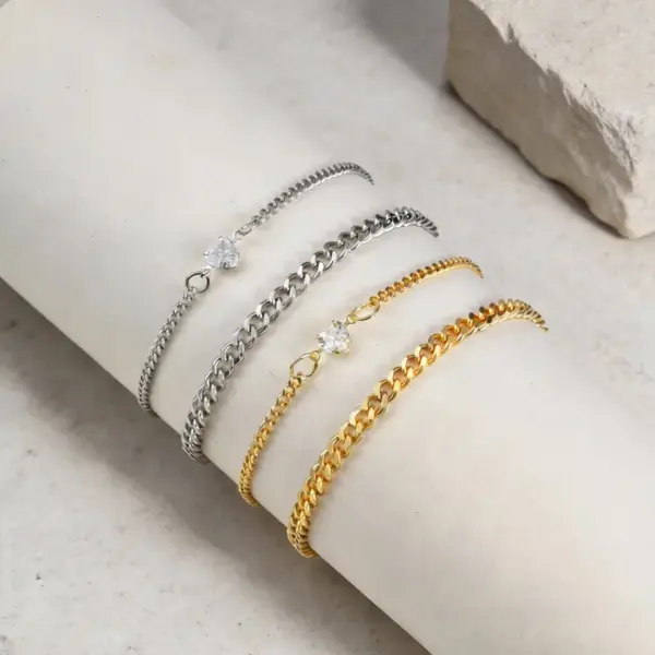 Wholesale Valentine's Day Jewelry 201 Stainless Steel Imitation Gold Plated Heart-Shaped Zircon Couple Bracelet Two-Piece Set Waterproof Non-Fading Cuban Chain