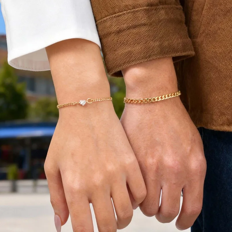 Wholesale Valentine's Day Jewelry 201 Stainless Steel Imitation Gold Plated Heart-Shaped Zircon Couple Bracelet Two-Piece Set Waterproof Non-Fading Cu