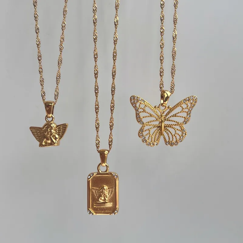 Wholesale British Style Square Butterfly Titanium Steel Plating Inlay Artificial Gemstones 18k Gold Plated Pendant Necklace