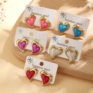 Wholesale Trendy Fashion Ins Style Gold-Plated Imitation Gold Heart-Shaped 304 Stainless Steel Casual Basic Style (Simple Style) Polished Oil-Drip Electroplated Earrings