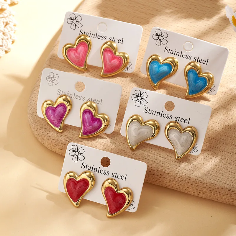 Wholesale Trendy Fashion Ins Style Gold-Plated Imitation Gold Heart-Shaped 304 Stainless Steel Casual Basic Style (Simple Style) Polished Oil-Drip Ele