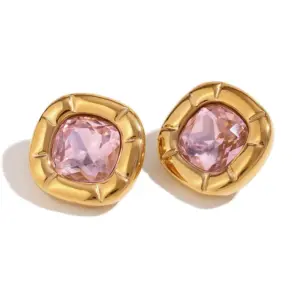 Ear Studs-Golden-Pink Zirconium
