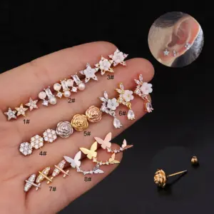 Ear Cartilage Rings & Studs Flower 316L Stainless Steel Copper Waterproof Non Tarnish Surgical Steel Zircon