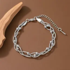 S02068-Three-layer Round Snake Clip Bead Bracelet-Steel Color