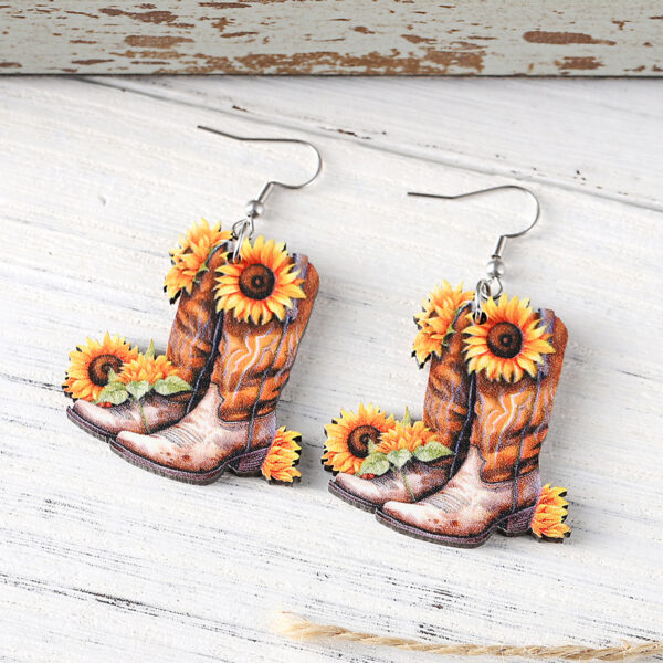 Wholesale Cross-border New Western Spring Summer Sunflower Flower Denim Boots Pendant Earrings Wooden Double-sided Earrings