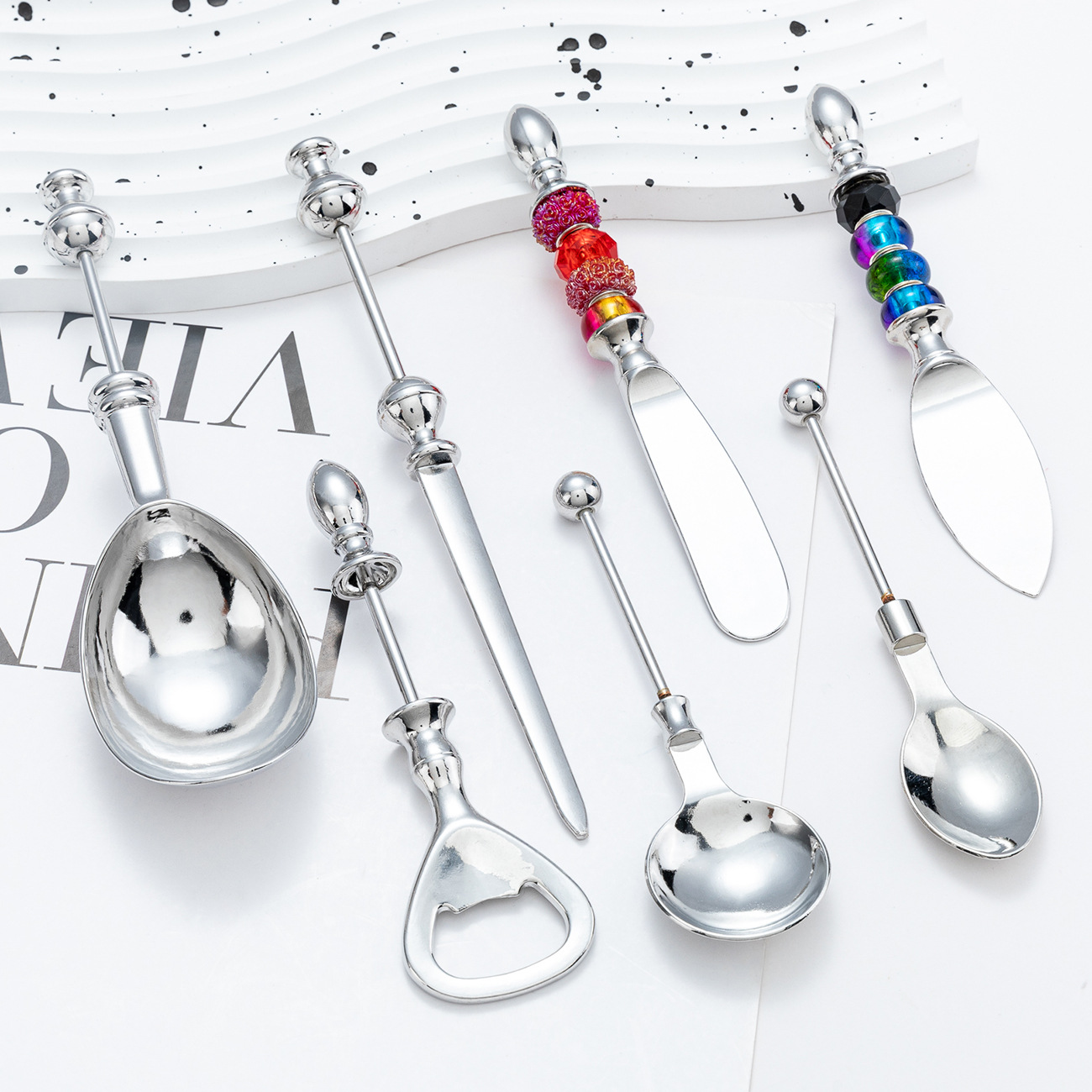 Wholesale DIY Beaded Cutlery Set: Bottle Opener, Butter Knife, Cheese Knife, Salad Son, Sugar Son, Stainless Steel Kitchen Cutlery