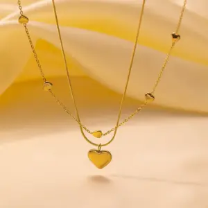 Qyh341 Double Layers Loving Heart Necklace / Gold