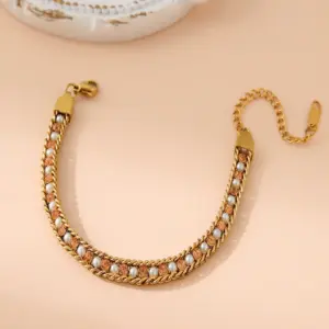 Orange with Pearl / One Size / 1 Piece Rhinestone-Encrusted Chain Bracelet
