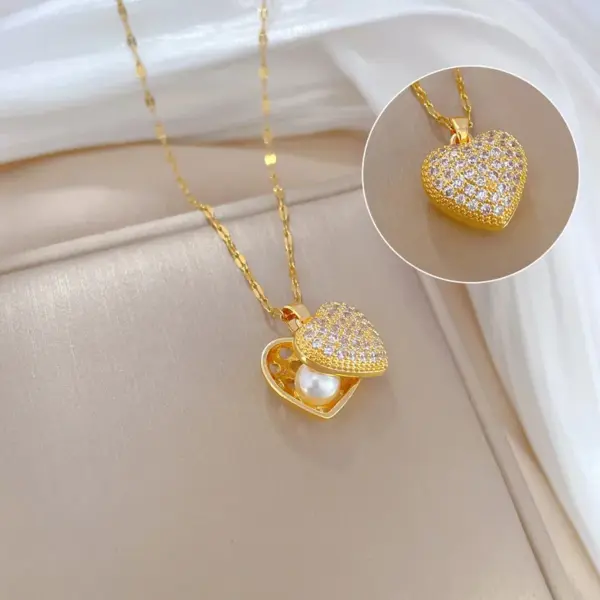 304 Stainless Steel Artificial Pearls Zircon Heart Shape Sweet Coffee Bean Chain Pendant Necklace For Women'S