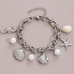Hawaiian Bohemian Beach Starfish Shell Hippocampus Pearl 304 Stainless Steel Stainless Steel Chain Bracelets In Bulk