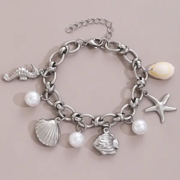 Hawaiian Bohemian Beach Starfish Shell Hippocampus Pearl 304 Stainless Steel Stainless Steel Chain Bracelets In Bulk