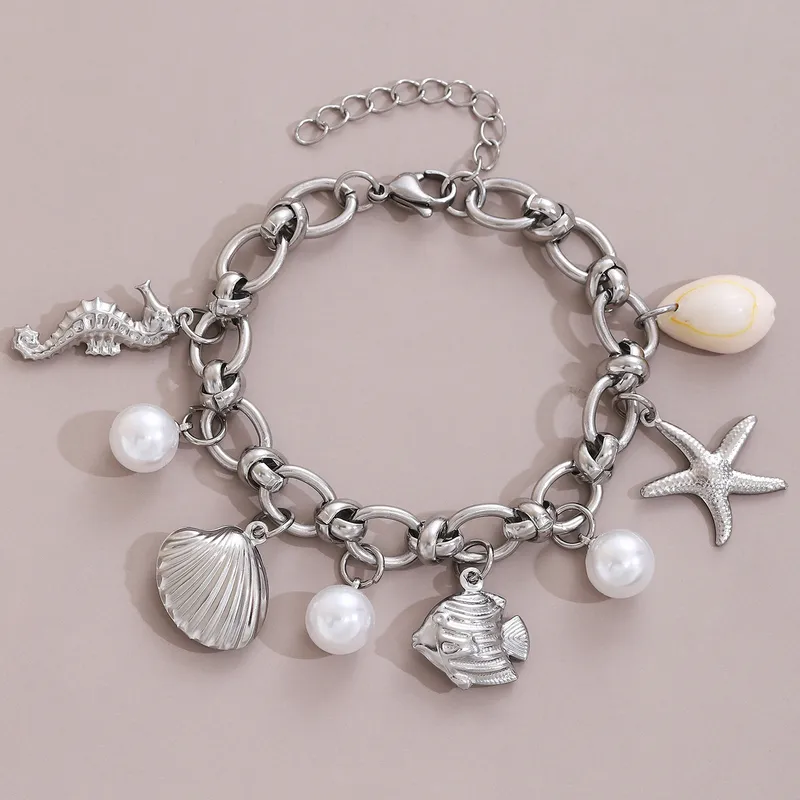 Wholesale Hawaiian Bohemian Beach Starfish Shell Hipcampus Pearl 304 Stainless Steel Stainless Steel Chain Bracelets In Bulk