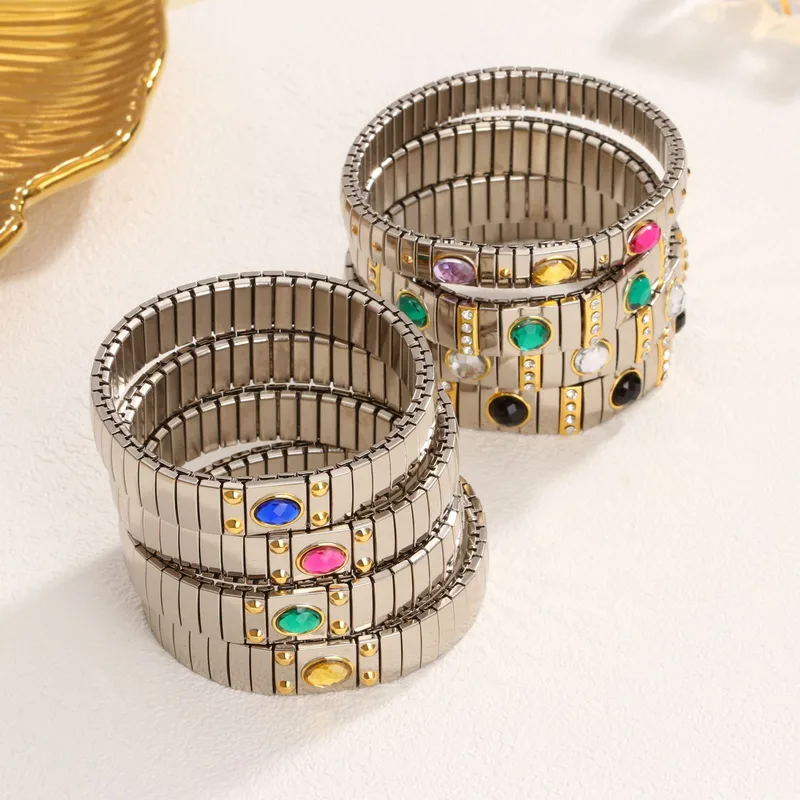 Wholesale Casual Retro Geometric 304 Stainless Steel Zircon Wristband In Bulk