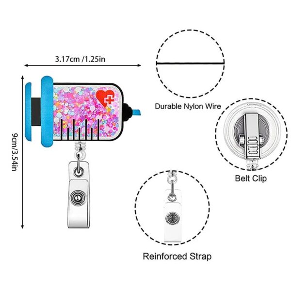 Wholesale Acrylic quicksand flash syringe love easy pull buckle rotating ID buckle doctor nurse retractable badge reel