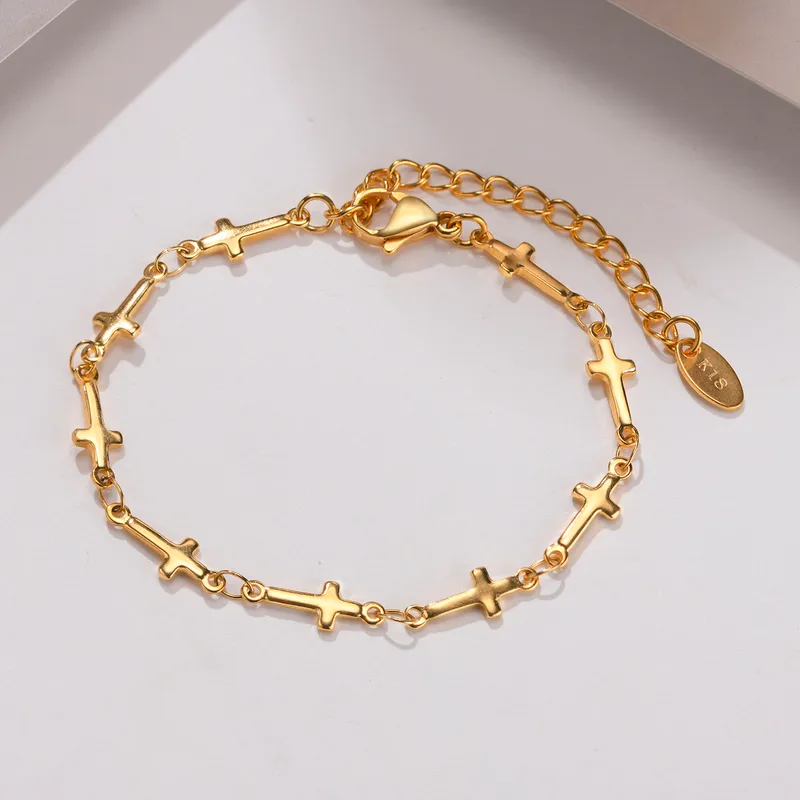 Wholesale PVD Coated Real Gold Plated 18K Gold Cross 201 Stainless Steel INS Style Simple Style Waterproof Non Tarnish 201 Stainless Steel Bracelets