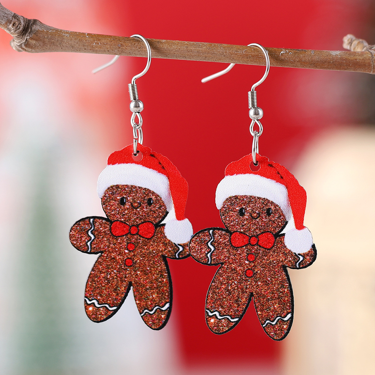 Wholesale New cross-border Christmas cute Christmas hat gingerbread man pendant earrings wooden double-sided earrings Christmas gift