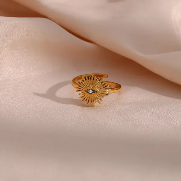 PVD Coated Real Gold Plated 18K Gold Geometric Eye 304 Stainless Steel Retro Waterproof Non Tarnish Open Ring