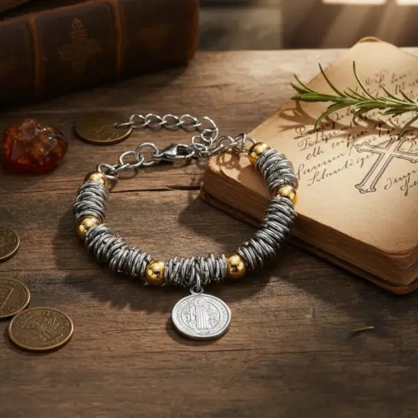 Wholesale St Benedict And Madonna Pendant Stainless Steel Bracelet With Gold Beads Unisex Casual Everyday Wear Cross Heart Religious Jewelry