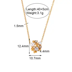 Fancy Shape Rhinestone Pearl Flower Necklace-Gold