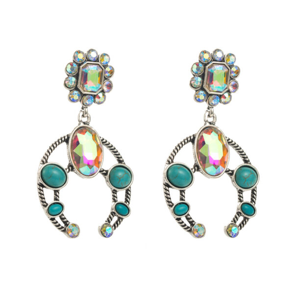 Wholesale Cross-border retro turquoise geometric earrings new alloy inlaid turquoise diamond multi-layer bohemian temperament earrings