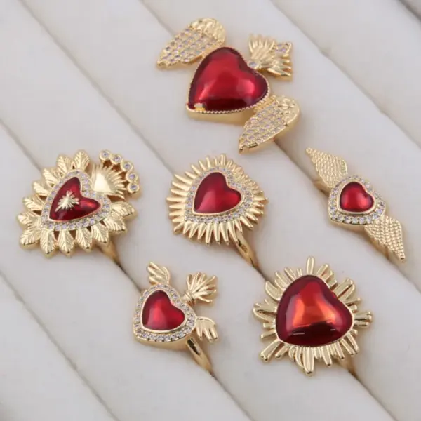 Wholesale Copper 18K Gold Plated Epoxy Plating Inlay Heart Shape Wings Zircon Open Rings