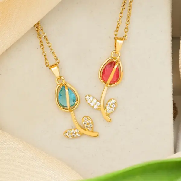 Wholesale Jewelry Sweet Tulips 304 Stainless Steel Copper Cat's Eye Stone Zircon Cable Chain Pendant Necklace
