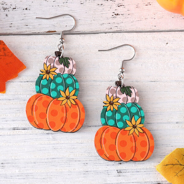 oly-76fdb63e205569e2157ed51de5abf94e Wholesale Cross-border New Thanksgiving Autumn Harvest Wave Plaid Pumpkin Flower Pendant Earrings Wooden Double-sided Earrings