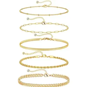 Gold Xiaomi Beads + Paper Clips + Snake Bone Chain + Braided + 6mm Polished Chain Anklet 5-Piece Set