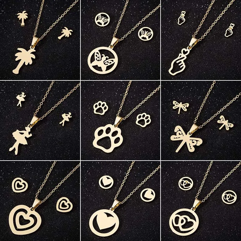 Wholesale PVD Coated 18K Gold Real Gold Plated nut Tree Heart Shape 201 Stainless Steel Fashion Waterproof Non Tarnish Jewelry Set