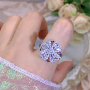 Silver Double-Layer Four-Leaf Clover Spinning Ring / Adjustable Opening