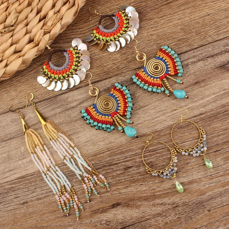 Wholesale Bohemian Sector Synthetic Gemstones Shell Copper Tassel Mesh Women's Ear Hook